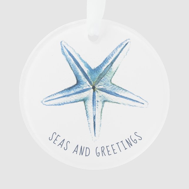 Coastal Christmas Blue Watercolor Starfish Ornament (Front)