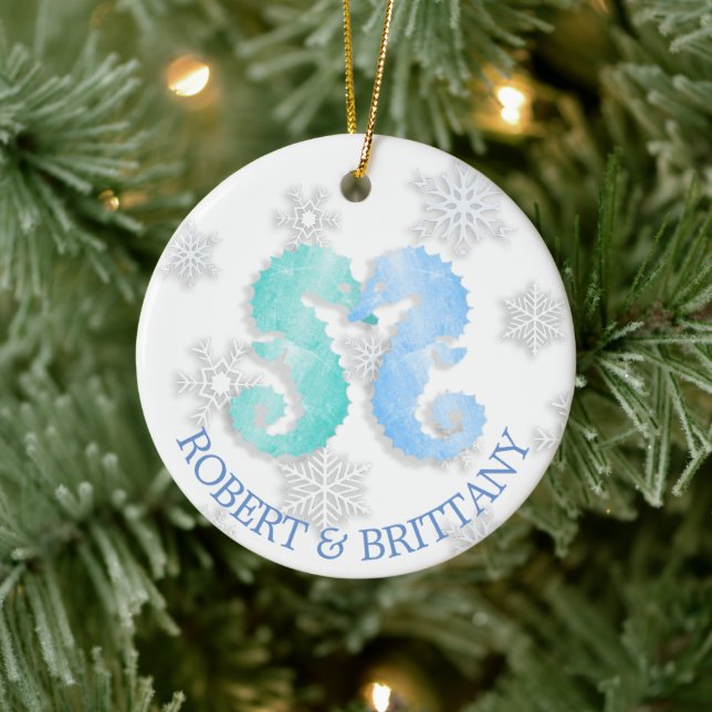 Coastal Christmas Decor Seahorse Personalised Ceramic Tree Decoration (Tree)