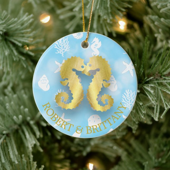 Coastal Christmas Decor Seahorse Personalised Ceramic Tree Decoration (Tree)