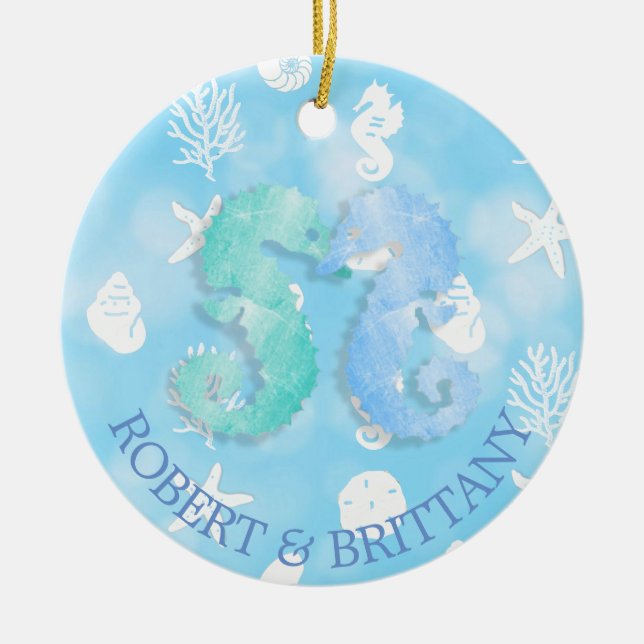 Coastal Christmas Decor Seahorse Personalized Ceramic Tree Decoration (Front)
