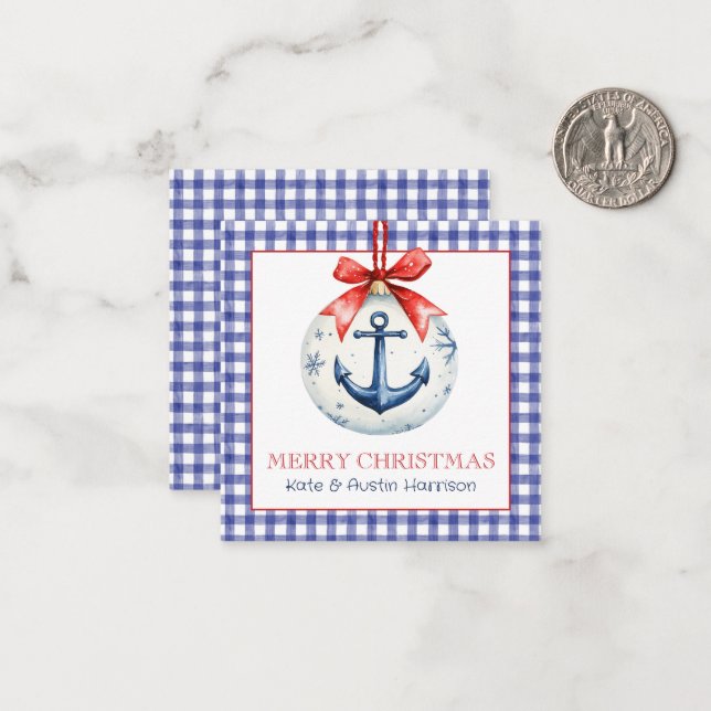 Coastal Christmas Gingham Anchor Ornament Card (Front/Back In Situ)
