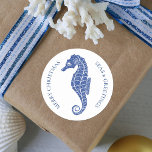Coastal Christmas Glitter Seahorse Navy Blue Classic Round Sticker<br><div class="desc">Add a coastal vibe to your holiday gifts and mail with these white and navy blue glitter seahorse ocean-themed Christmas stickers, with both the traditional Merry Christmas and the nautical Seas & Greetings messages. Please check out the collection for matching products. If you would like more matching products or other...</div>