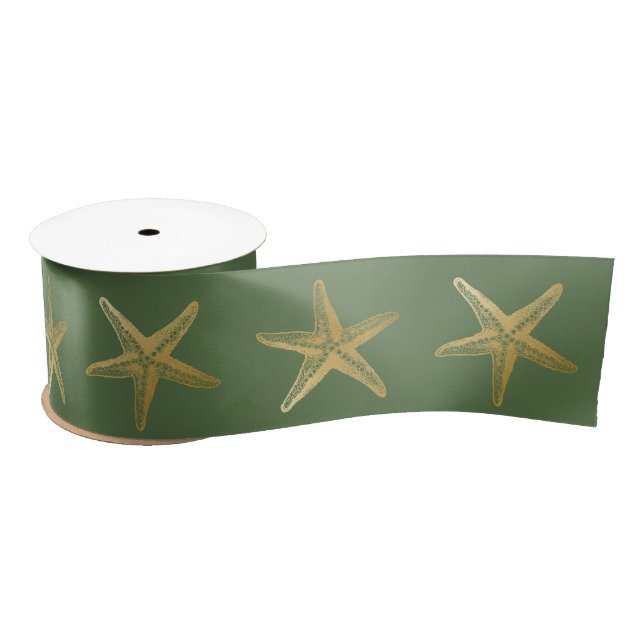 Coastal Christmas Holiday Green and Gold Starfish Satin Ribbon (Spool)