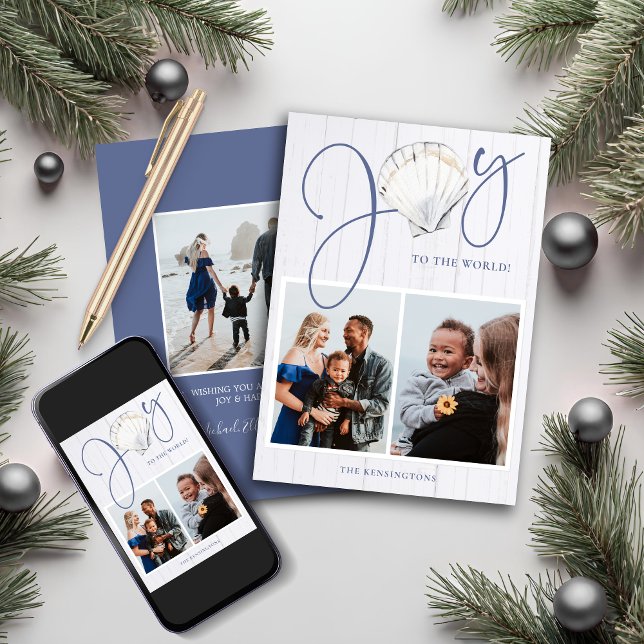 Coastal Christmas Joy Seashell Holiday 3 Photos Card (Coastal Christmas Joy Seashell 3 Photos Holiday Card)