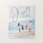 Coastal Christmas Joy Seashell Holiday Photo Jigsaw Puzzle<br><div class="desc">This Coastal, Nautical Christmas Joy Seashell Holiday Photo Puzzle features a rustic seashell as the "o" in Joy on a background of coastal white wood, with seaside blue text. Easy to add your photo and details for a fun Christmas card! Please contact us at cedarandstring@gmail.com if you need assistance with...</div>
