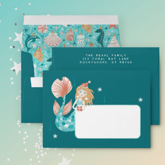 Coastal Christmas Mermaid Return Address Envelope