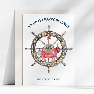 Coastal Christmas   Nautical Captain Wheel Crab Holiday Card