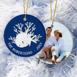 Coastal Christmas Navy Blue Sand Dollar Photo Ceramic Tree Decoration<br><div class="desc">This personalised navy blue coastal beach themed photo ornament,  has a white sand dollar and 2 starfish on a silver glitter coral branch.
*If you would like this design on more products or need design help,  please contact me through Zazzle Chat.</div>