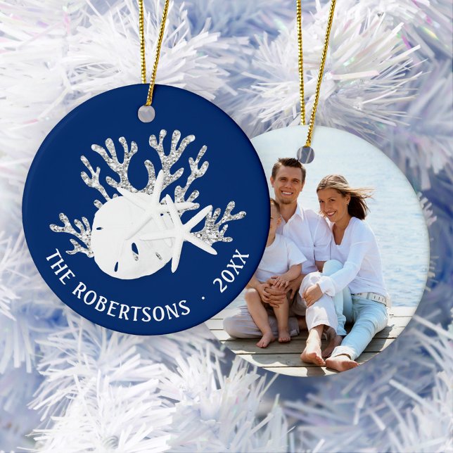 Coastal Christmas Navy Blue Sand Dollar Photo Ceramic Tree Decoration (Creator Uploaded)
