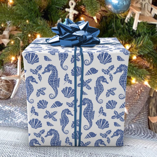 Coastal Christmas Navy Blue Seahorse Glitter  Wrapping Paper (Creator Uploaded)