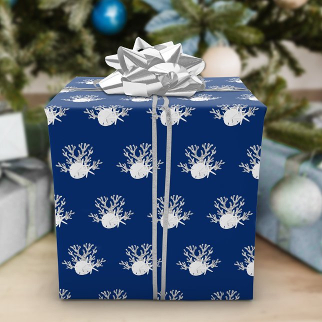 Coastal Christmas Navy Blue Starfish Sand Dollar Wrapping Paper (Creator Uploaded)