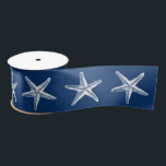 Coastal Christmas Navy Blue White Starfish  Satin Ribbon<br><div class="desc">White starfish on rich navy blue coastal beach holiday theme ribbon. Change the background colour using the advanced editor if desired.
Perfect for beach theme gift wrapping and DIY holiday decoration craft projects and wreaths or beach wedding bouquet wraps.</div>