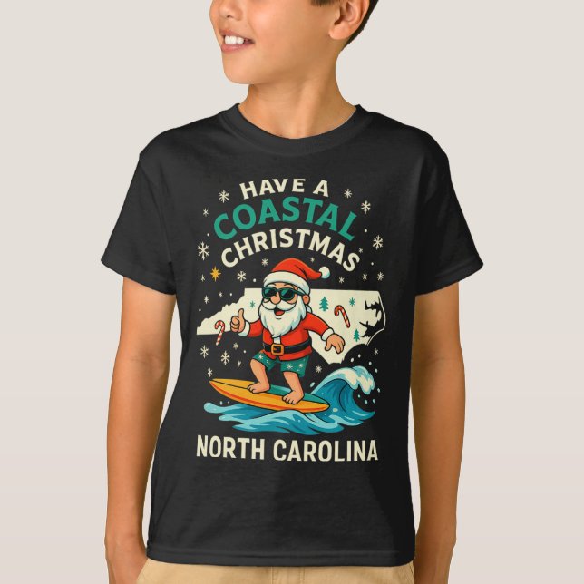 Coastal Christmas Nc Shirt Santa Surfing Funny Wav (Front)