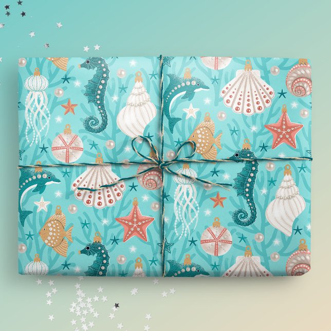Coastal Christmas Ornaments Wrapping Paper (Coastal giftwrap mockup)