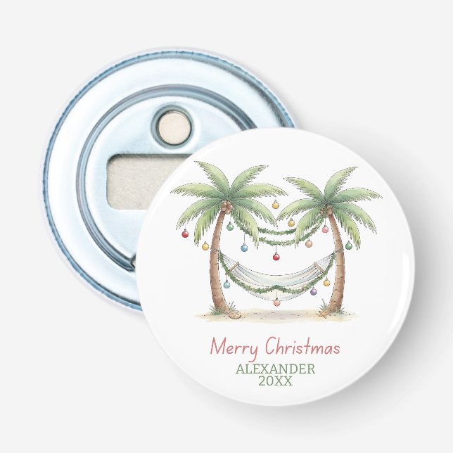 Coastal Christmas Palm Trees With Hammock Bottle Opener (Front)