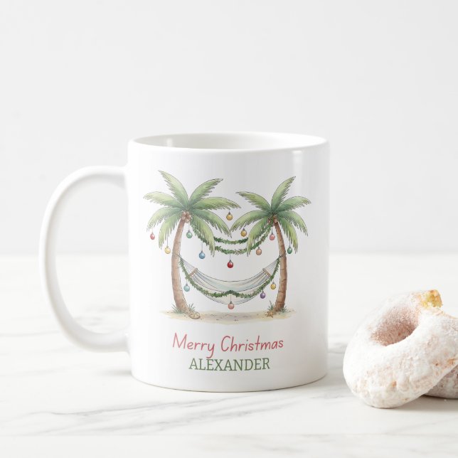 Coastal Christmas Palm Trees With Hammock Coffee Mug (With Donut)