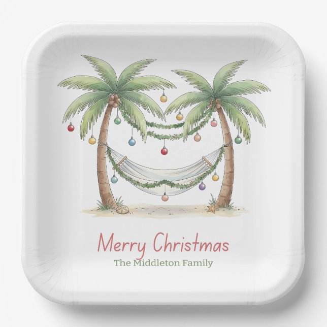 Coastal Christmas Palm Trees With Hammock Paper Plate (Front)