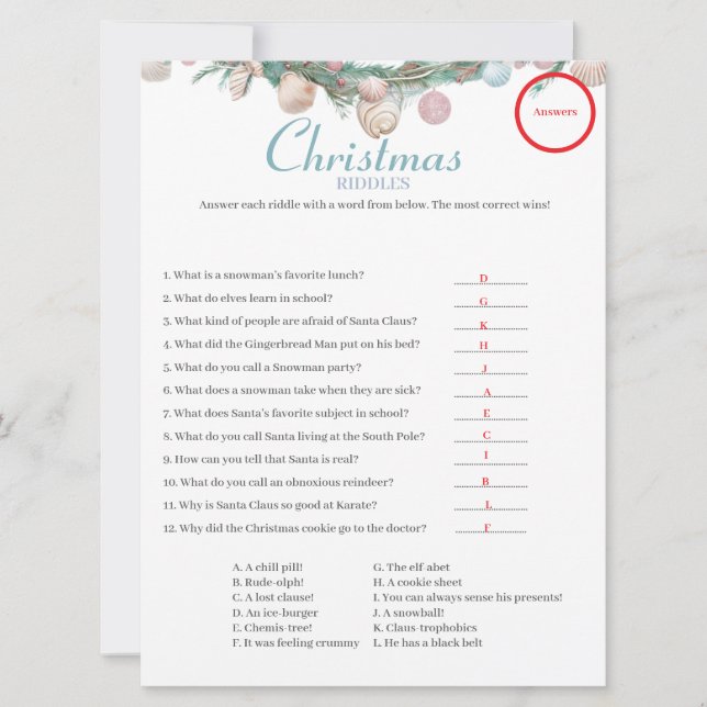 Coastal  Christmas Riddles game Answer card (Front)