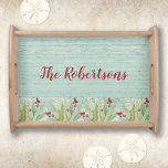 Coastal Christmas Rustic Beach Serving Tray<br><div class="desc">Pretty modern holiday serving tray featuring a rustic seagrass & holly berry border with your name centred above.Background is a rustic aqua wood texture. Click Customise It to add your own text and photos to create a unique one of a kind gift for friends and family. Designed for you by...</div>