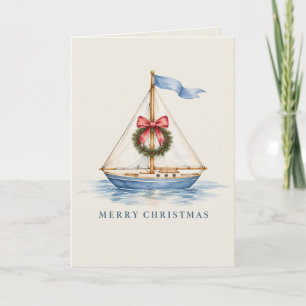 Coastal Christmas Sailboat Watercolor Holiday Card