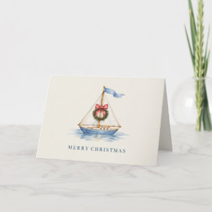 Coastal Christmas Sailboat Watercolor Holiday Card