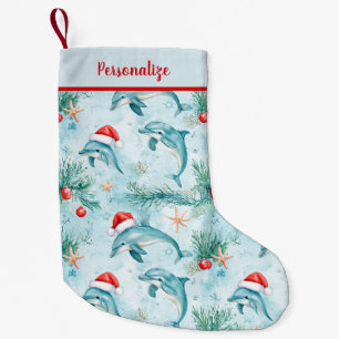 Coastal Christmas Santa Dolphin Personalise Small Christmas Stocking