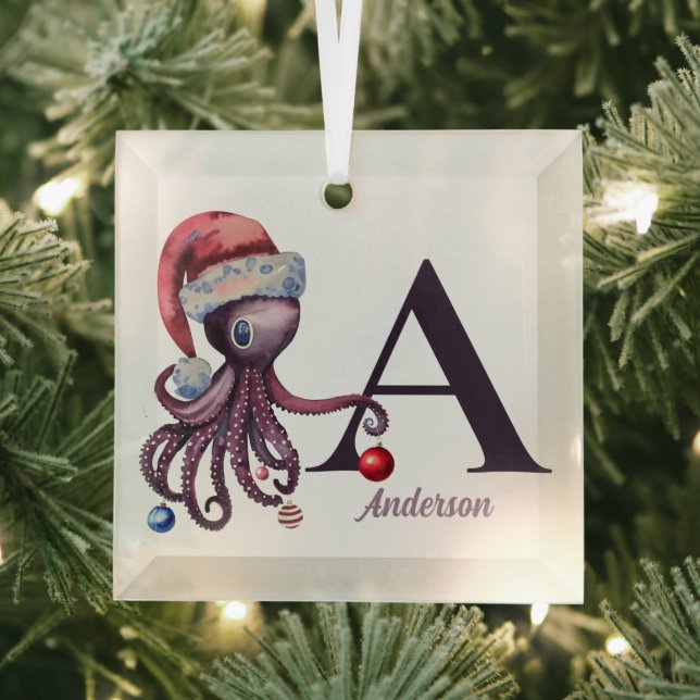 Coastal Christmas Santa Octopus Monogram Name Glass Tree Decoration (Insitu)