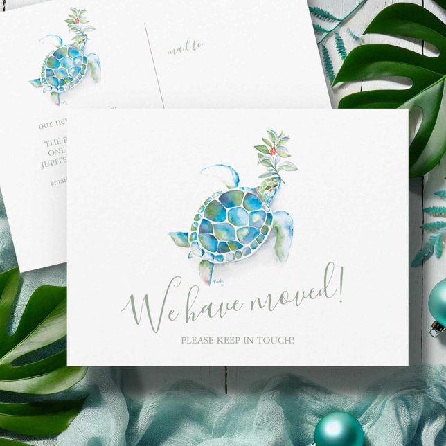 Coastal Christmas Sea Turtle Moving Announcement Postcard (Beach Christmas postcards watercolor sea turtle moving announcements art by Victoria Grigaliunas)