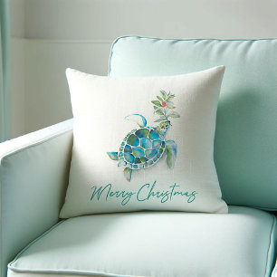 Coastal Christmas Sea Turtle Watercolor Art Cushion