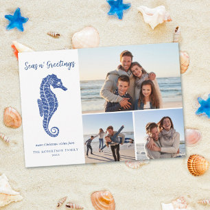 Coastal Christmas Seahorse Navy Blue 3 Photo Holiday Card