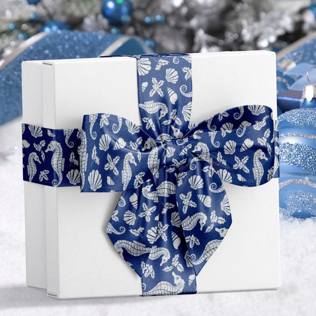 Coastal Christmas Seahorse Navy Blue Glitter  Satin Ribbon (Creator Uploaded)