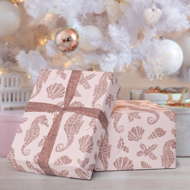 Coastal Christmas Seahorse Rose Gold Glitter Pink  Wrapping Paper (Creator Uploaded)