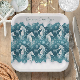 Coastal Christmas Seahorse & Snowflakes #13 ID1009 Paper Plate