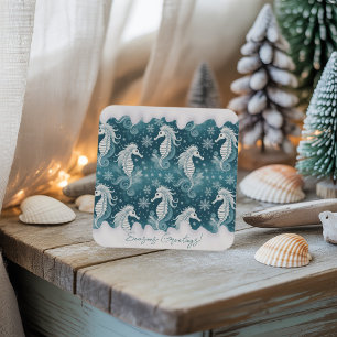 Coastal Christmas Seahorse & Snowflakes #13 ID1009 Square Paper Coaster