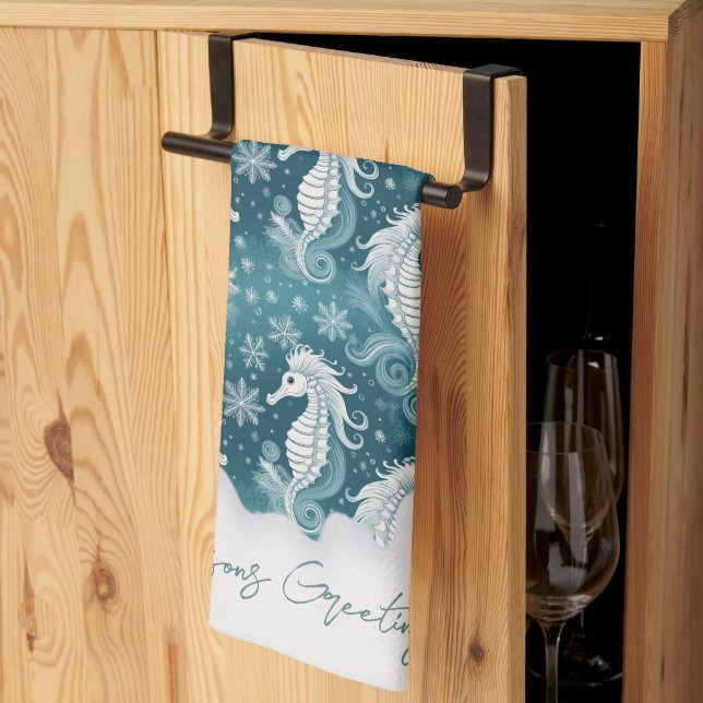 Coastal Christmas Seahorse & Snowflakes #13 ID1009 Tea Towel (Thirds Fold)