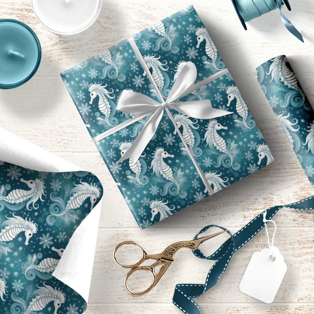 Coastal Christmas Seahorse & Snowflakes #13 ID1009 Wrapping Paper (Creator Uploaded)