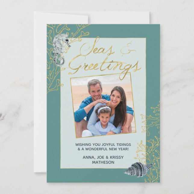 Coastal Christmas Seas & Greetings Gold and Teal Holiday Card (Front)
