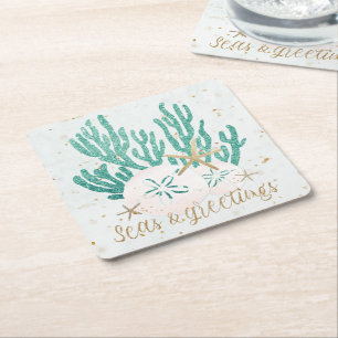 Coastal Christmas SEAS & Greetings Starfish Coral Square Paper Coaster