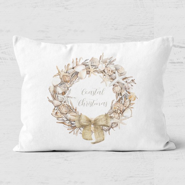 Coastal Christmas Seashell Wreath Holiday Decorative Cushion (Seashell Wreath Coastal Christmas Pillow)