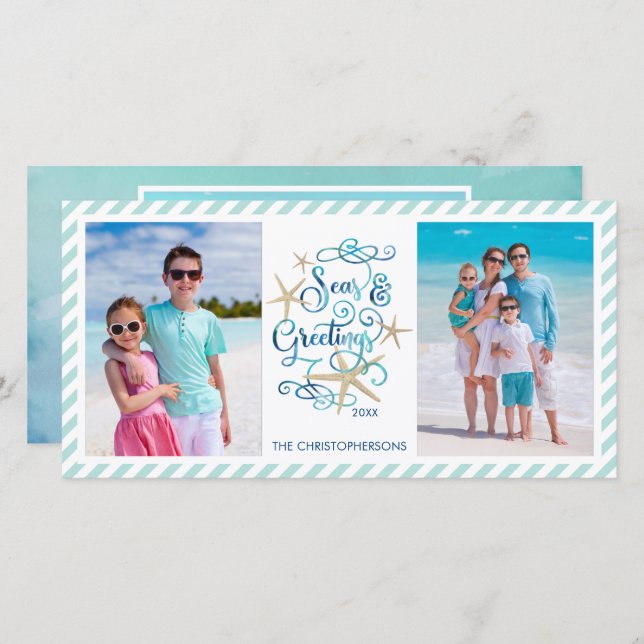 Coastal Christmas SEAsons Greetings 3 Photos Holiday Card (Front/Back)