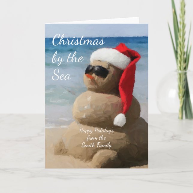 Coastal Christmas Snowman on the Beach Holiday Card (Front)