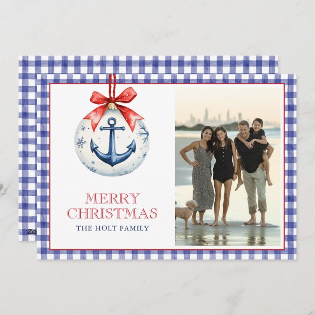 Coastal Christmas Starfish Ornament Gingham Photo Holiday Card (Front/Back)