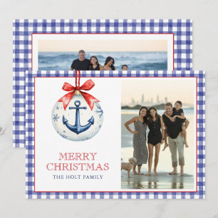 Coastal Christmas Starfish Ornament Gingham Photo Holiday Card