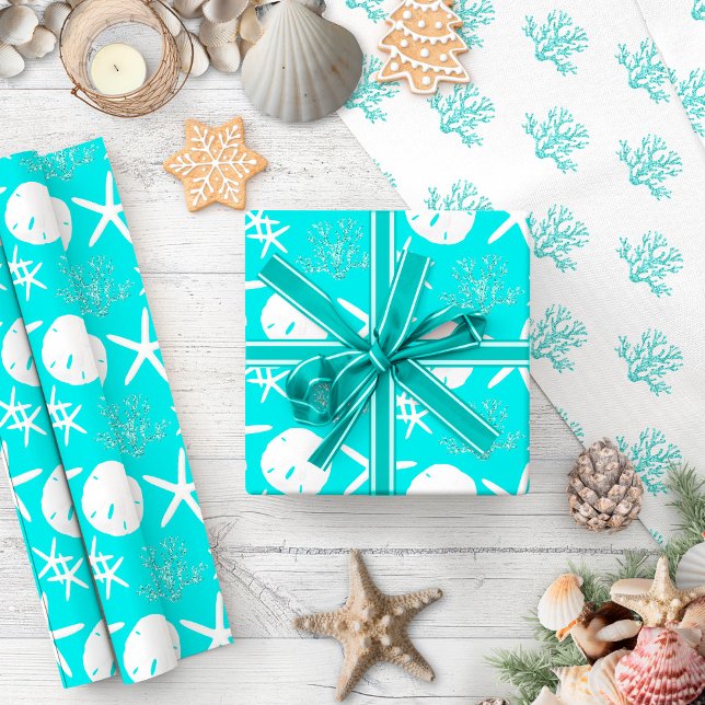 Coastal Christmas Starfish Sand Dollar Aqua  Wrapping Paper (Creator Uploaded)