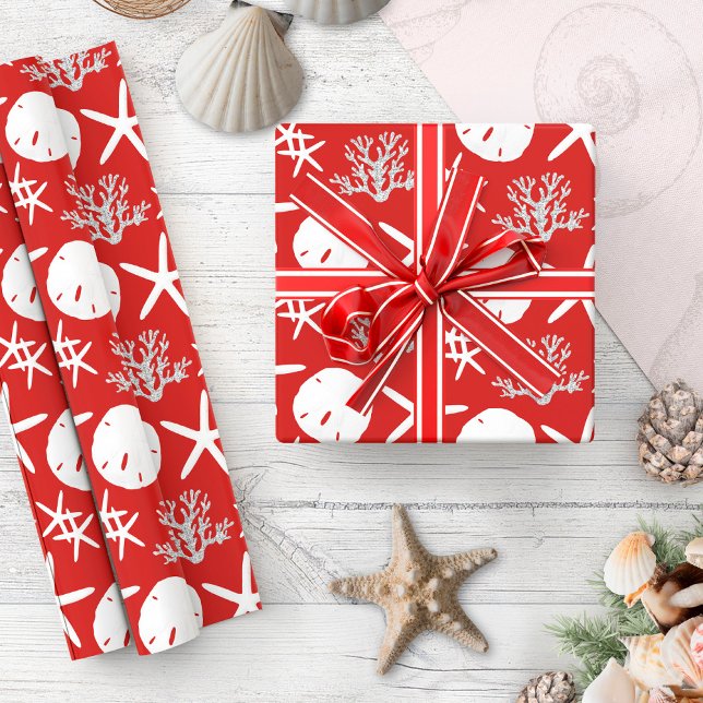 Coastal Christmas Starfish Sand Dollar Red Wrapping Paper (Creator Uploaded)