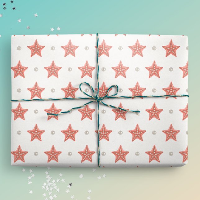 Coastal Christmas Starfish Wrapping Paper (Coastal Christmas Giftwrap Mockup)