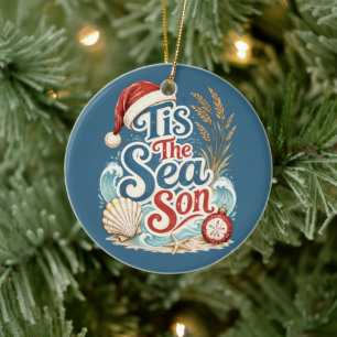 Coastal Christmas Tis Sea Son Typography Ceramic Tree Decoration