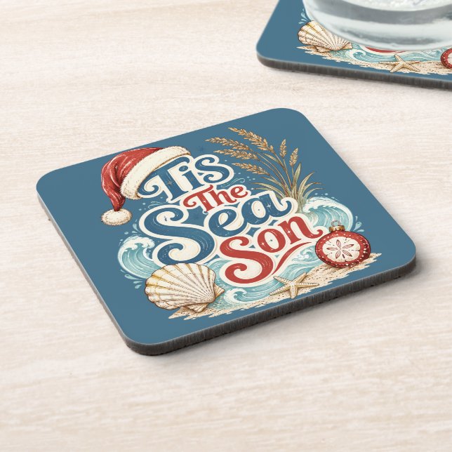 Coastal Christmas Tis Sea Son Typography Coaster (Left Side)