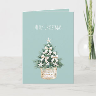 Coastal Christmas Tree Bows Blue Beach Ocean   Card