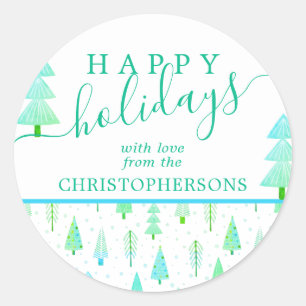 Coastal Christmas Trees HAPPY HOLIDAYS Script Classic Round Sticker